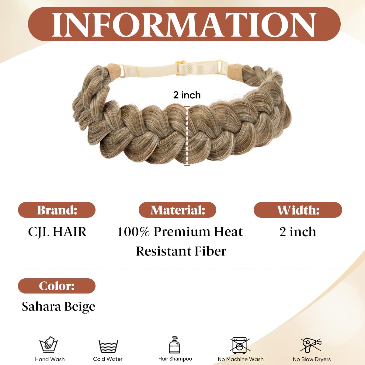 Wide Elastic Braided Headbands for Women - Adjustable Synthetic Hair Hairpiece | Sahara Beige