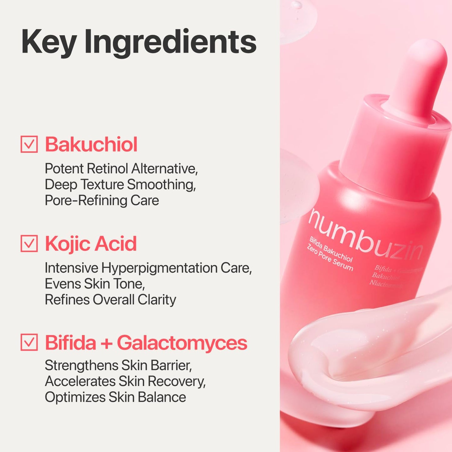numbuzin No.3 Bifida Bakuchiol Zero Pore Serum - Pore Minimizing & Tightening, Texture Smoothing, Helps Even Skin Tone with Kojic Acid, Gentle Retinol Alternative for Sensitive Skin, 1.01 fl oz
