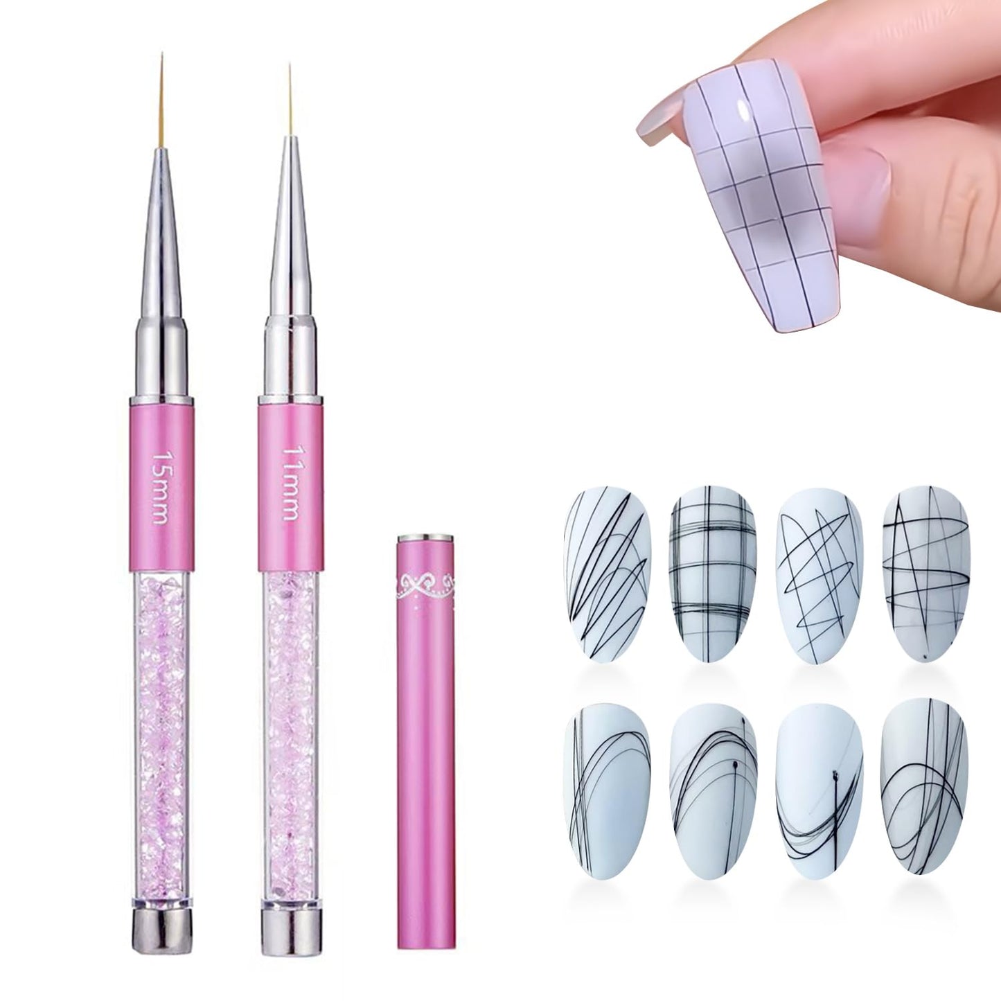 2Pcs Super Fine Nail Art Liner Brush Set, Size 11mm & 15mm Nail Striper Brushes with Purple Crystal Handle, Professional Fine Detail Nail Brushes for Gel Polish French Manicure Intricate Designs