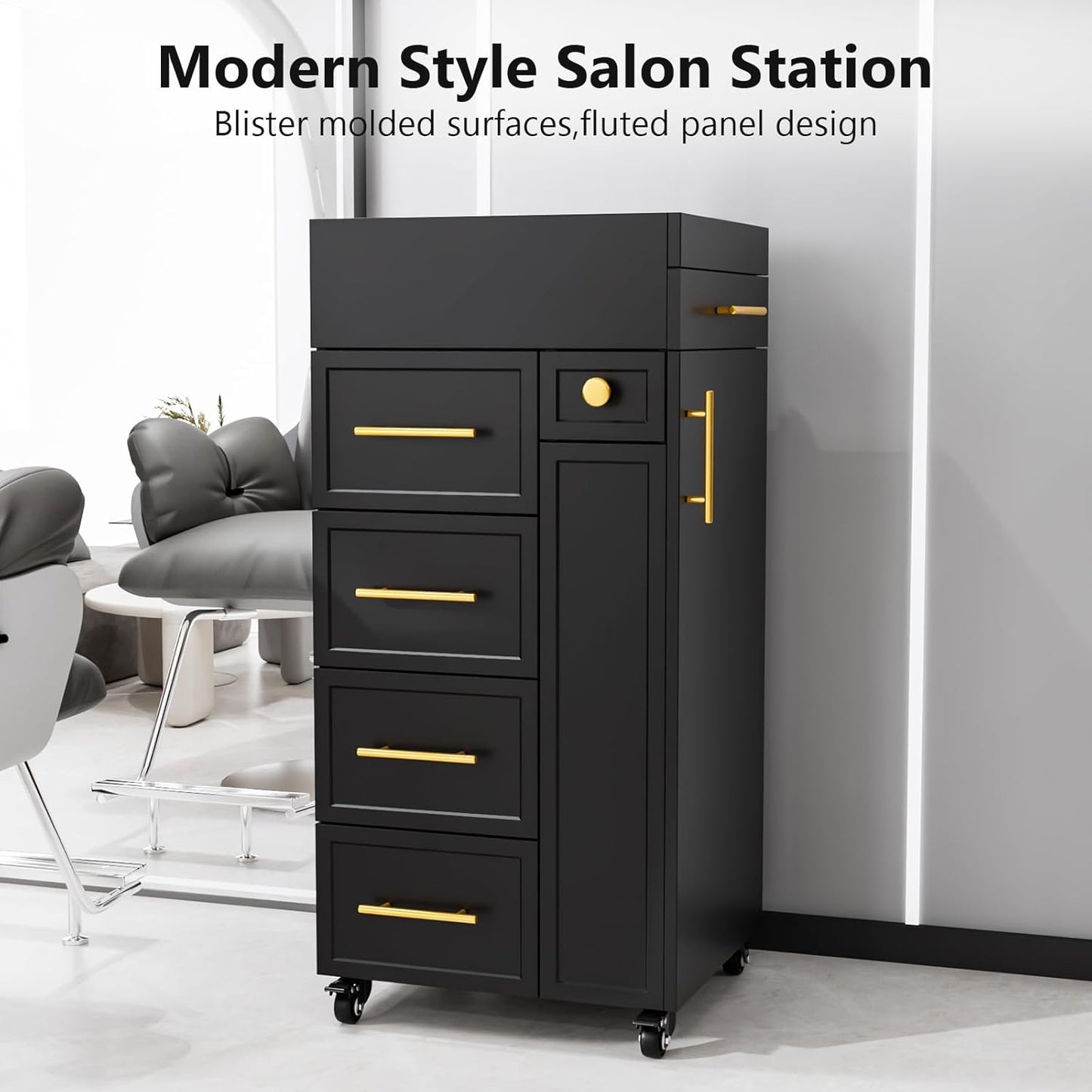 OmySalon Salon Trolley Cart - Mobile Hair Styling Station with 5 Drawers & Adjustable Shelf | Black
