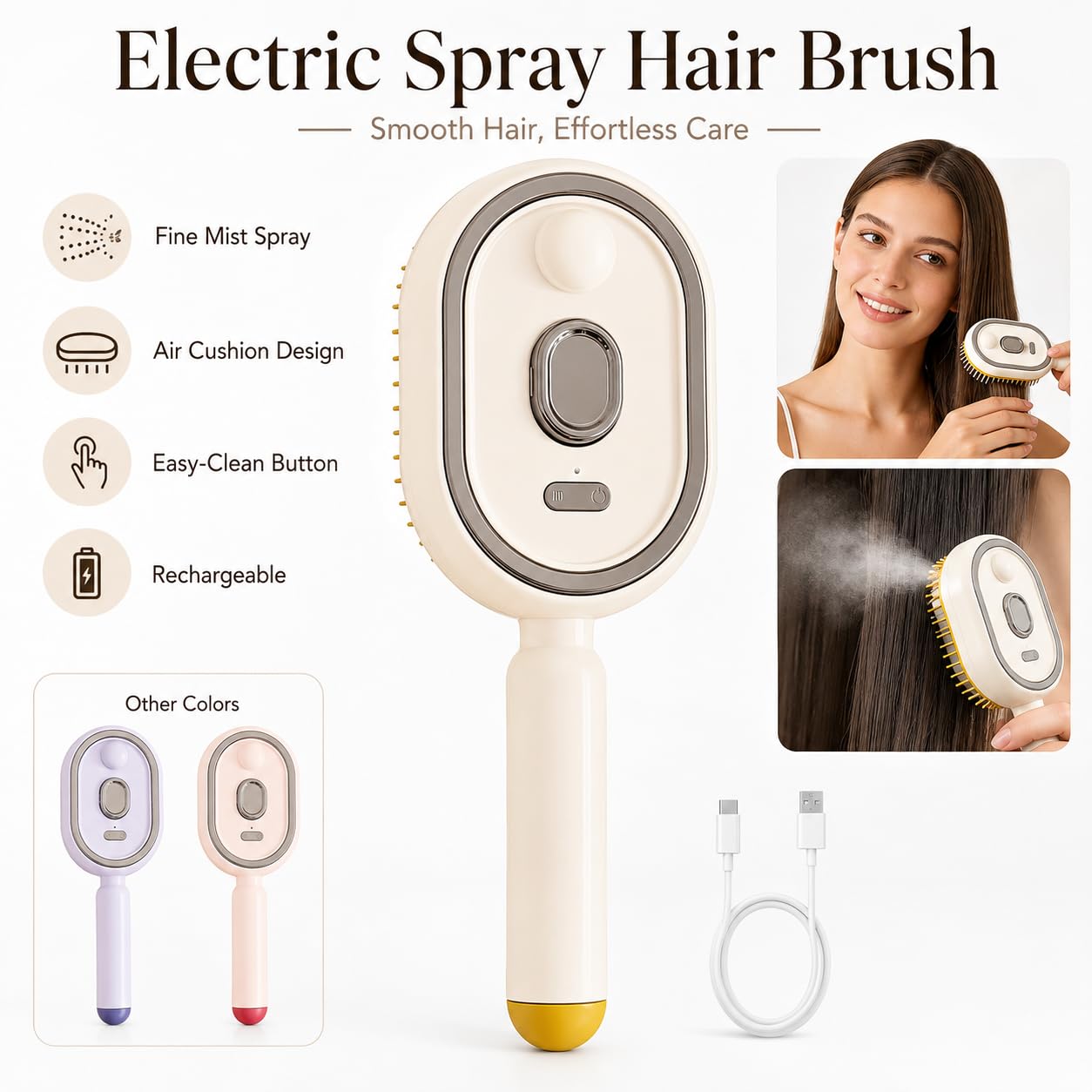 Electric Spray Air Cushion Massage Comb, Rechargeable Mist Hair Brush with Easy-Clean Design, Detangling Hair Comb for Daily Styling, Smooth Grooming, Travel Hair Care