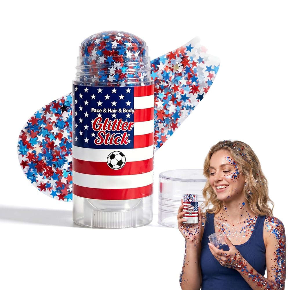 Glitter Stick for Patriotic Celebrations | Waterproof Red, White & Blue Face & Body Makeup with Star Sequins - Perfect for 4th of July & Game Days (1pc)