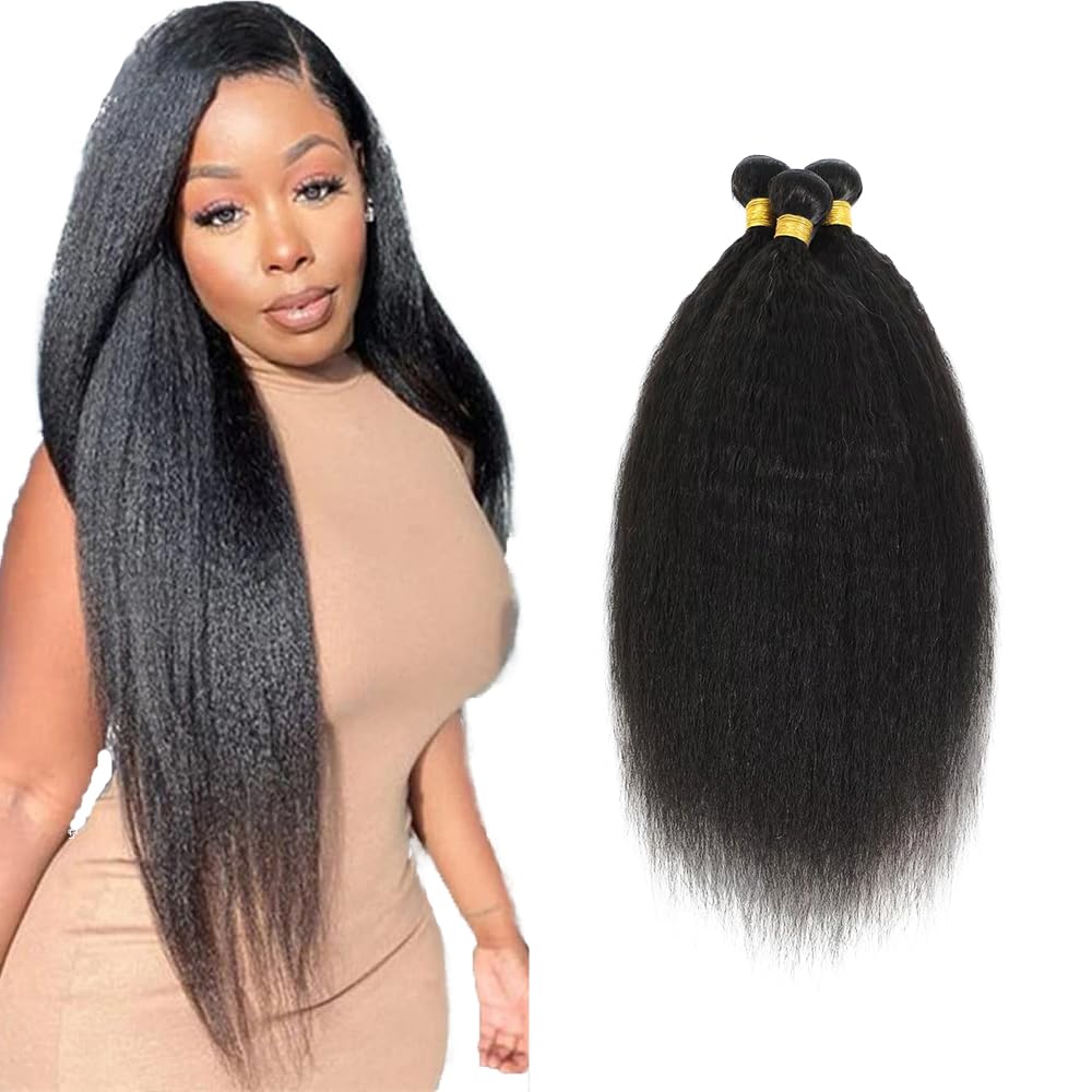 30 32 34 Inch Yaki Straight Bundles Human Hair Bundles #1B Natural Black Color Kinky Straight 3 Bundles Unprocessed Brazilian Virgin Weave Hair Extensions 50 Gram Per Bundle for Black Women
