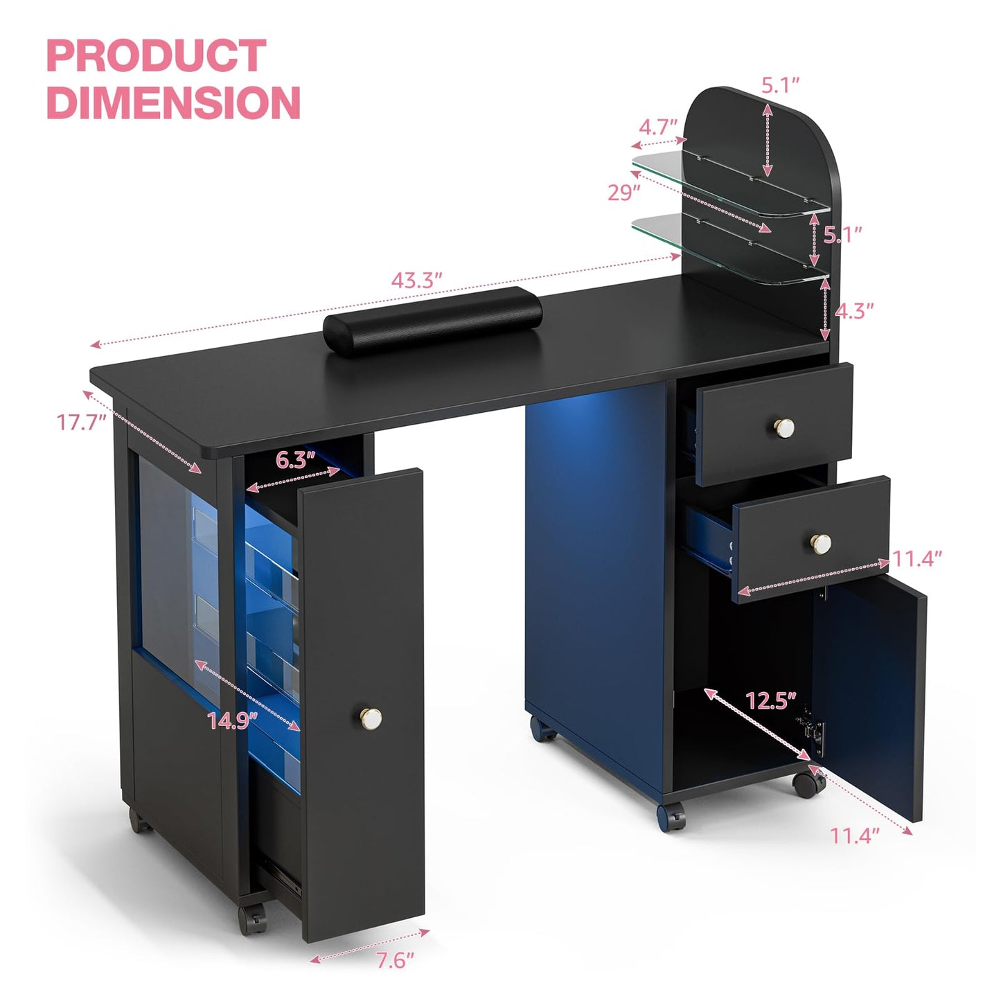 TTGIEET Professional Nail Desk for Nail Tech w/LED Light Display Cabinet, Rolling Manicure Table with Lockable Wheels, Storage Drawers, Wrist Cushion, Acetone Resistant, for Beauty Salon, Spa & Home