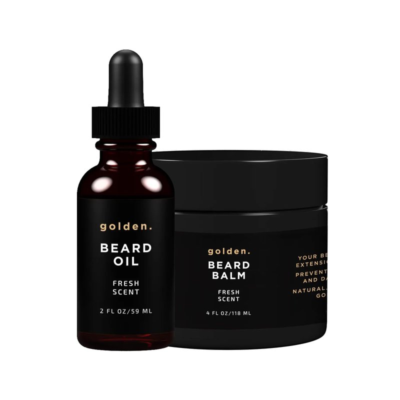 Golden Grooming Beard Bundle for Black Men - Mega Growth Kit with 4oz Balm & 2oz Oil - Shea Butter Conditioner - Fresh (XL)