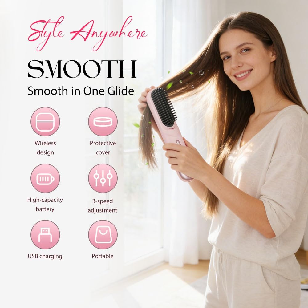 Go Brush Pro Cordless Hair Straightening Brush - Fast Heating Ceramic for Short & Long Hair | USB-C Rechargeable, Portable, Black