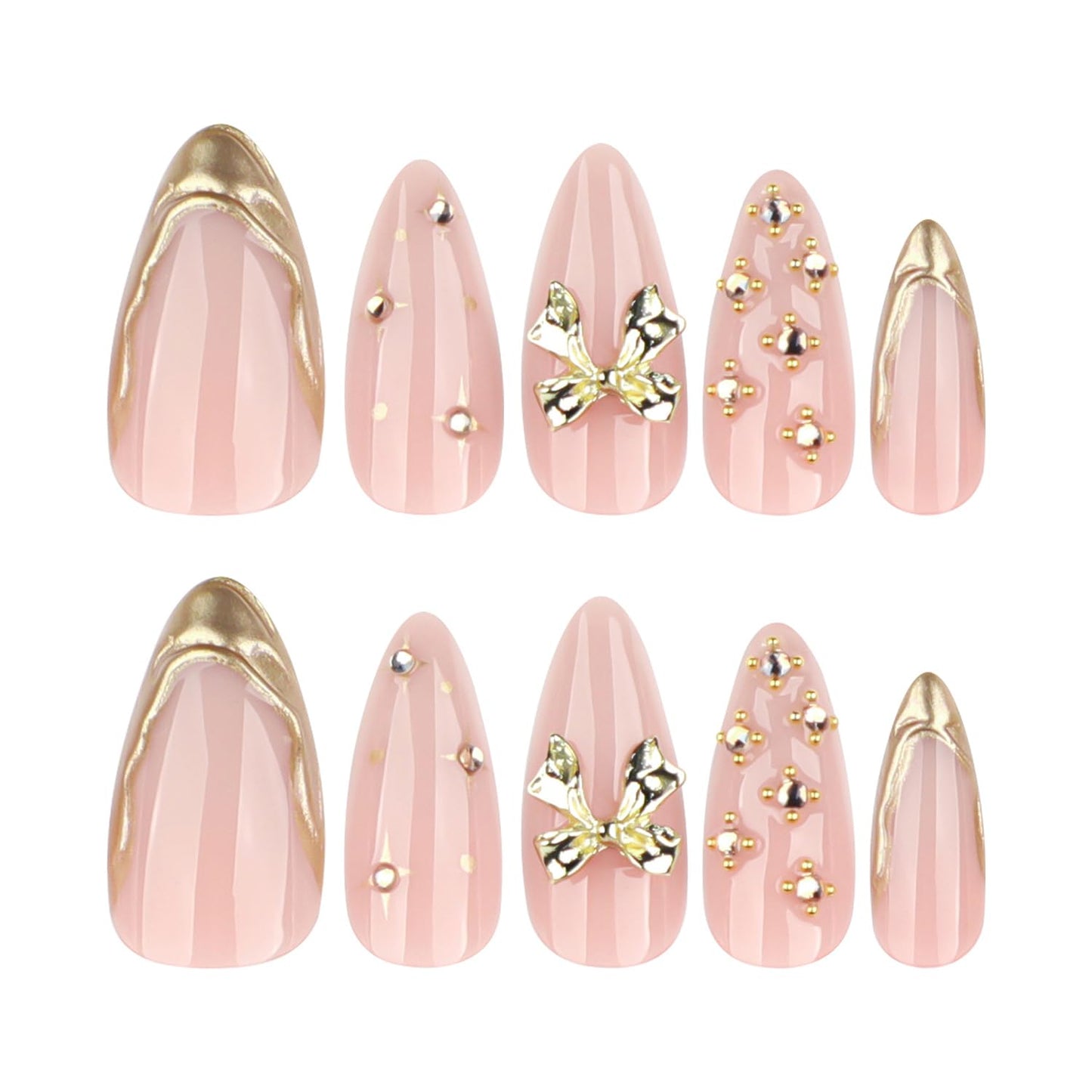 3D Gold French Tip Press-On Nails | Medium Almond Shape with Rhinestones & Gold Beads | Full Cover, Glossy Finish