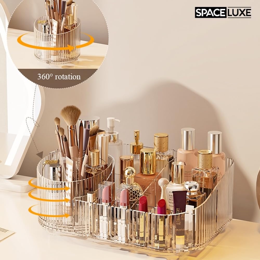 SpaceLuxe Makeup Organizer with Drawers and 360° Rotating Brush Holder, Large Capacity Cosmetic Storage for Vanity, Skincare, Perfume, Hair Accessories, Lipstick & Jewelry (Cream White, 3-layer)