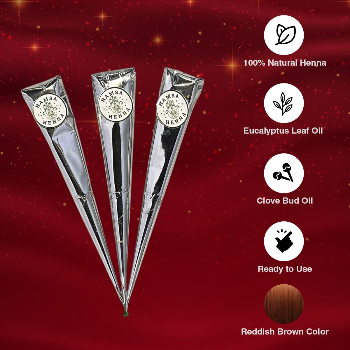 Hamsa Henna 100% Natural & Premium Hair Dye Cones I For Hair Use Only | Reddish Brown | 3 PACK