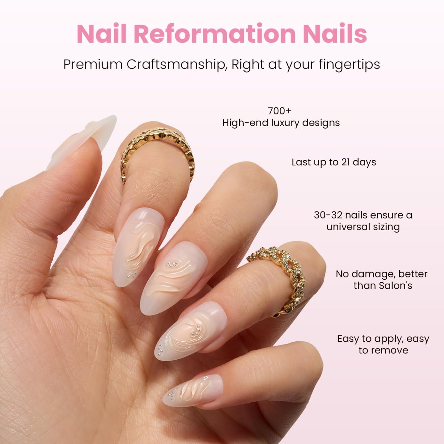 Nail Reformation Press On Nails, Shoreline Swirl | Milky Medium Almond Fake Nails with 3D Embossed Peach Swirls & Silver Glitter, Reusable Stick On Nails Kit - 30 Pcs in 15 Sizes, Gifts for Women