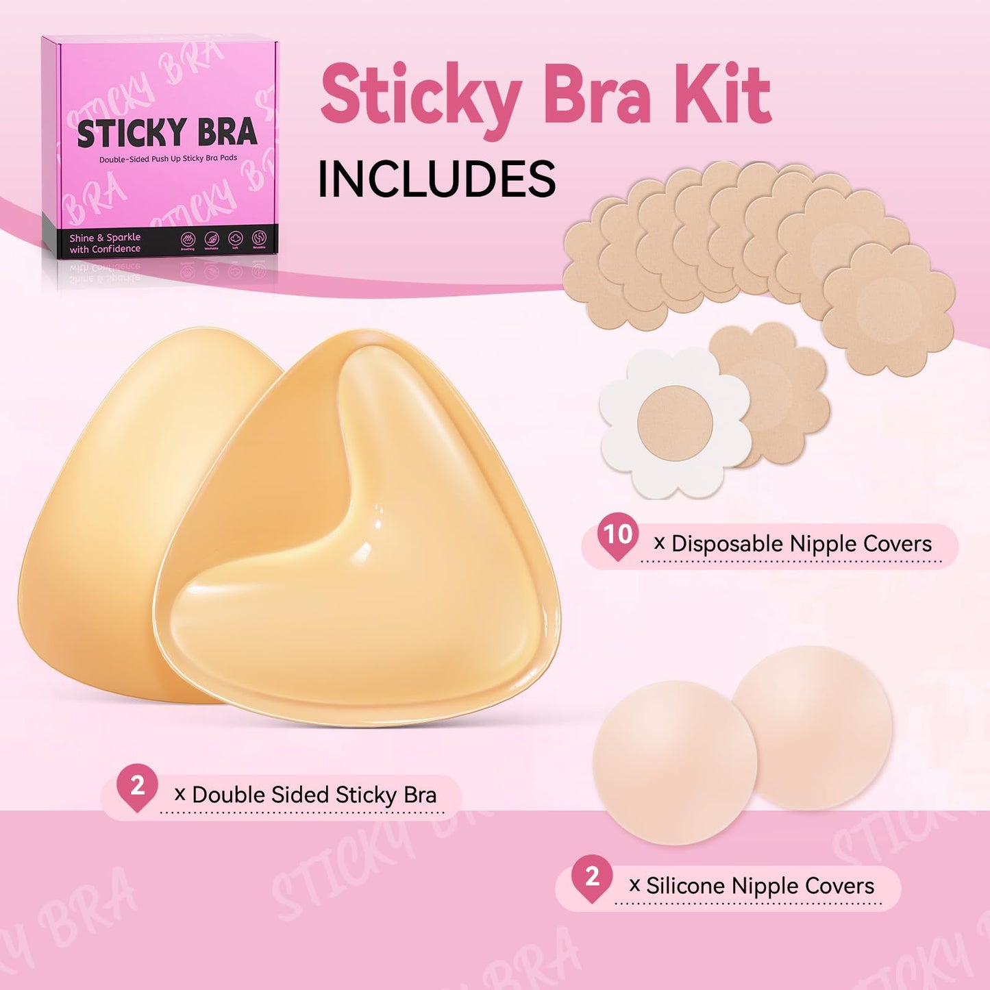 Mearter Ultra Push up Sticky Bra Pads Inserts | Double Sided Adhesive Bra Inserts | Stick on Bra for Sports Bra Swimsuit (Medium, Beige)
