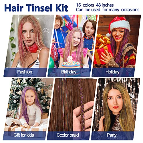 48-Inch Hair Tinsel Kit - 16 Colors Sparkling Extensions by ELASO