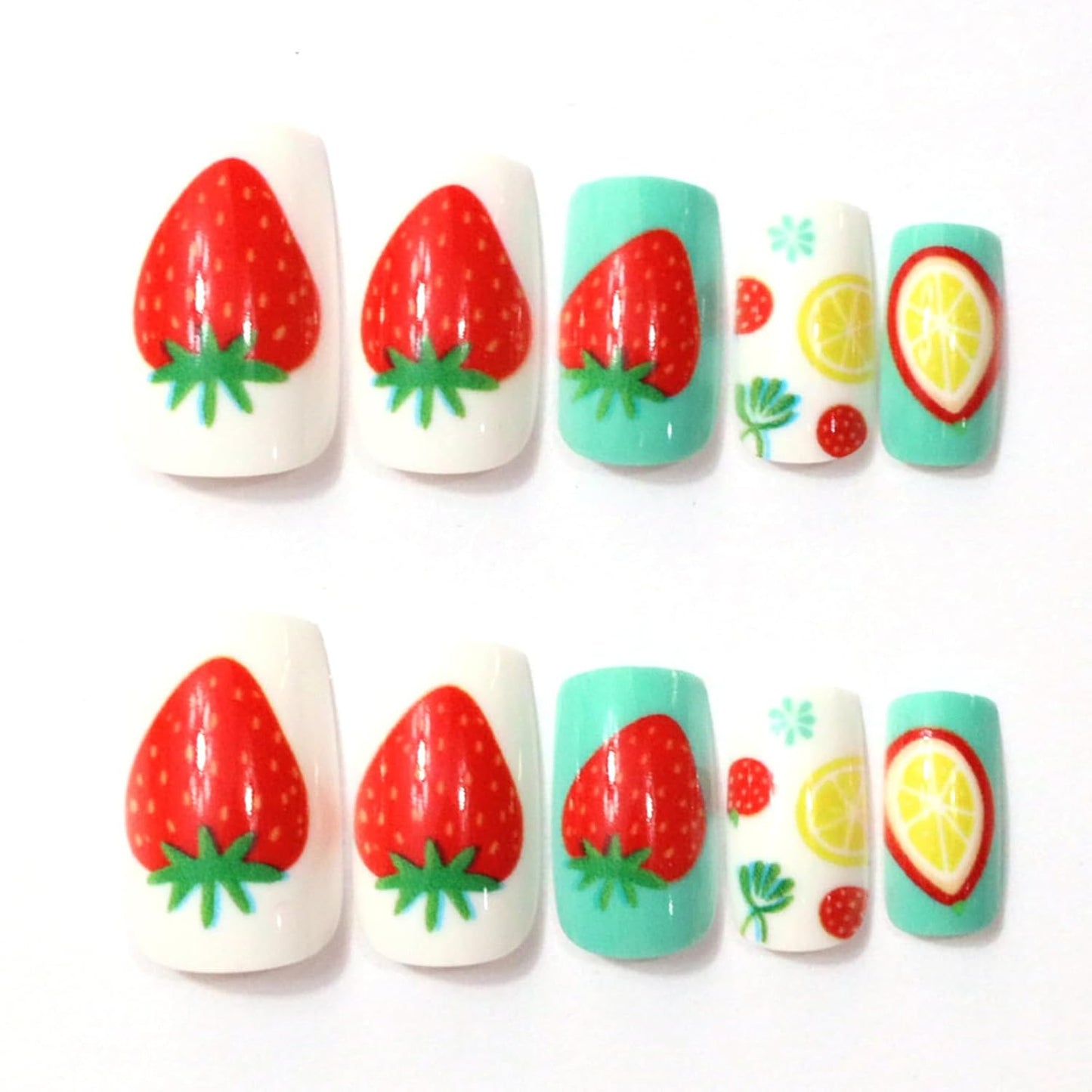 Press On Nails - Medium Square Strawberry Lemon Design | Glossy Acrylic Full Cover, 24 Pcs Reusable