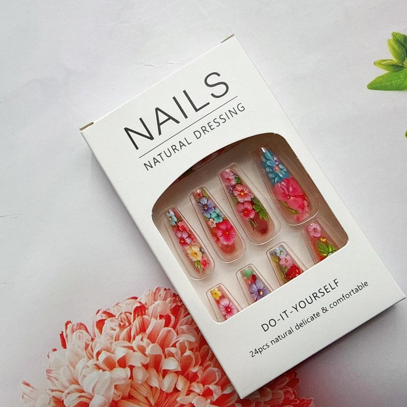 Flower Press On Nails - Medium Ballet Acrylic Nails with Green Leaf Design | 24PCS Full Cover Gel Fake Nails for Spring Manicure