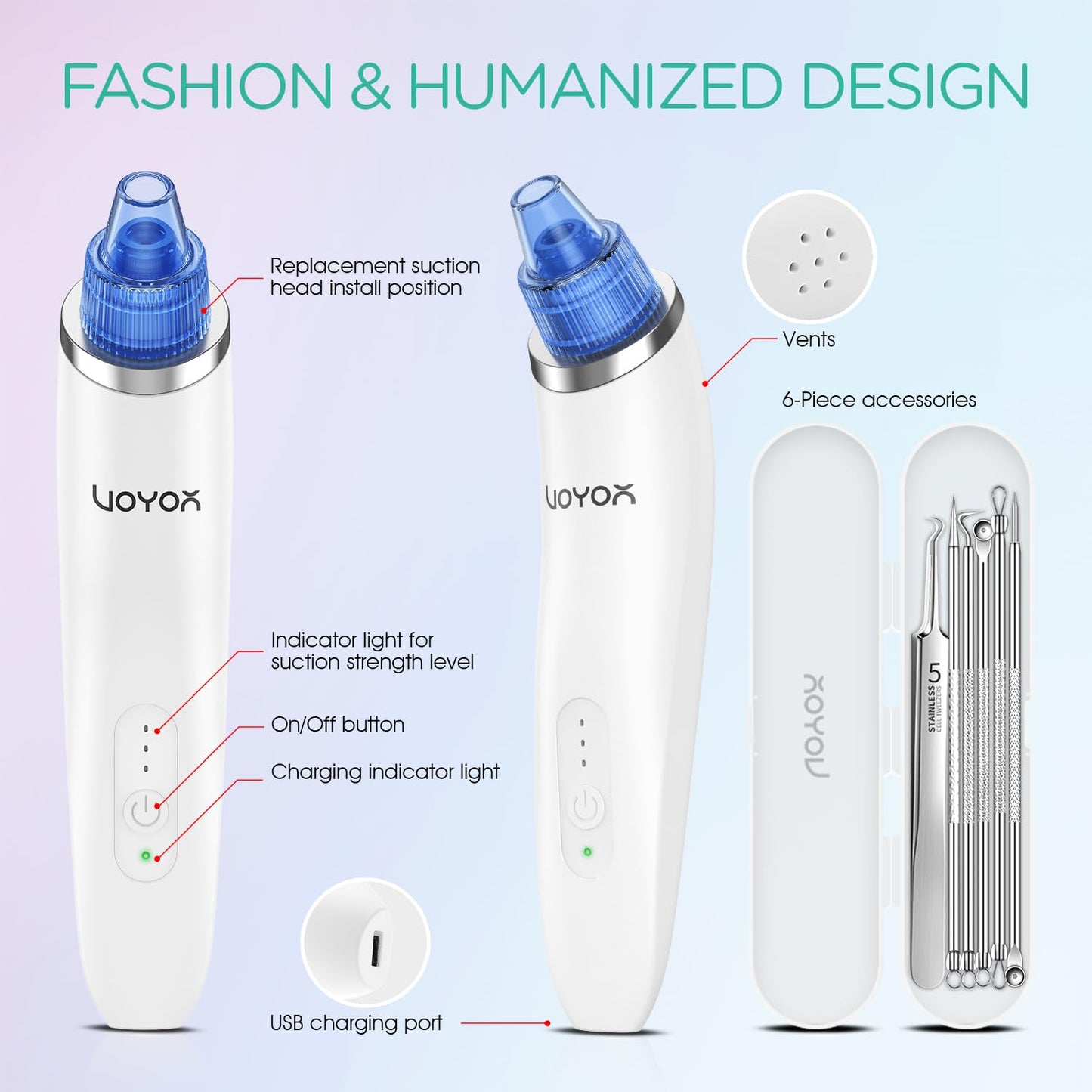 Blackhead Remover Pore Vacuum - Electric Face Cleaner with 6 Suction Heads for Acne & Whitehead Removal