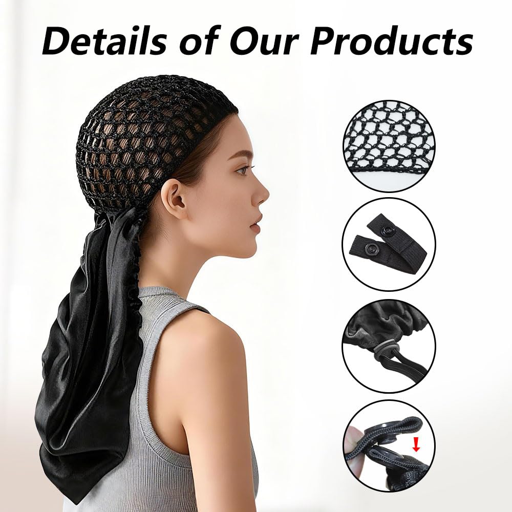 Wrap Cap Hair Net, 2 in 1 Silk Press Bonnet for Women, Adjustable Satin Doobie Wrap for Long Curly Hair Black