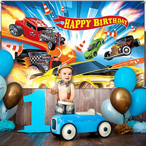 Race Car Birthday Party Backdrop Banner - 6.1x3.6ft for Boys