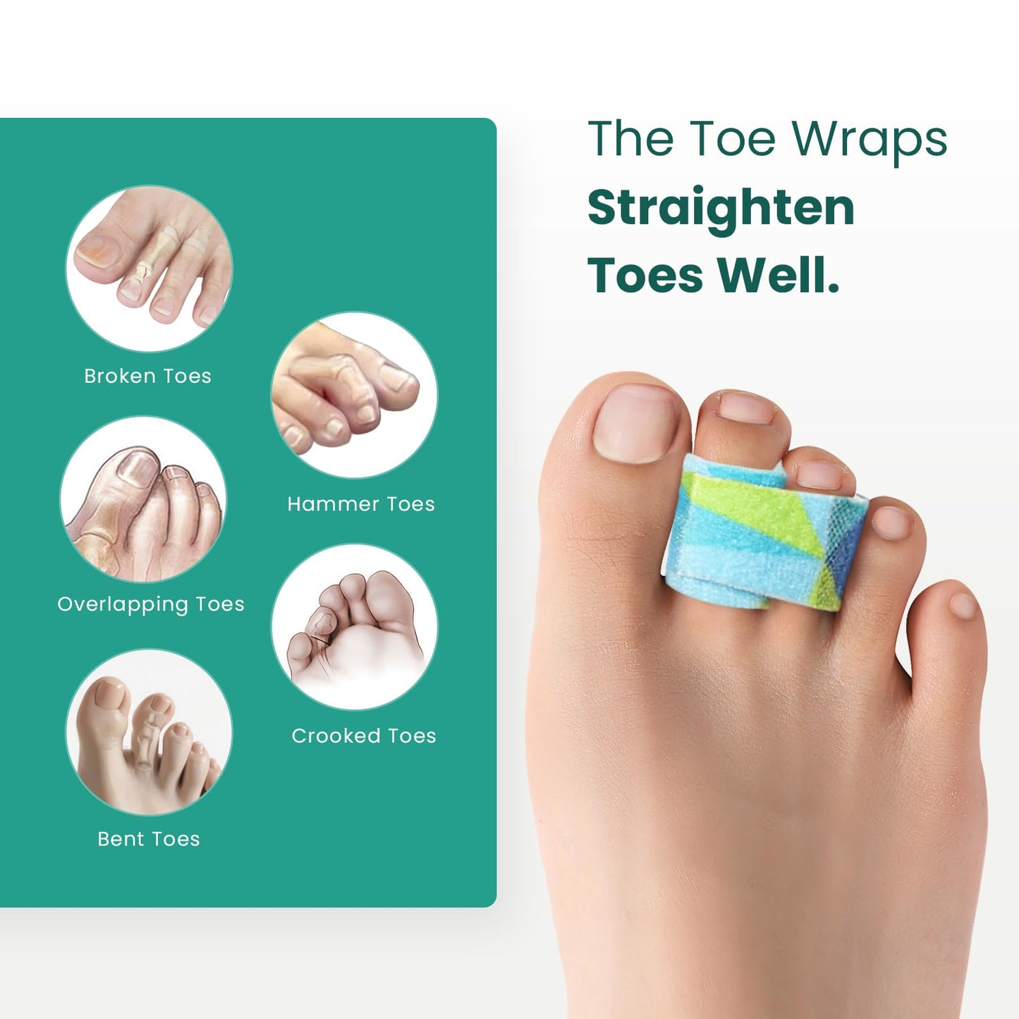 Welnove Hammer Toe Straightener - 10 Pack Toe Corrector Splints - Realign Bent, Curled, Crooked, Claw, Mallet Toes - Toe Straighteners for Men and Women- (Multi-Size, Patterned)