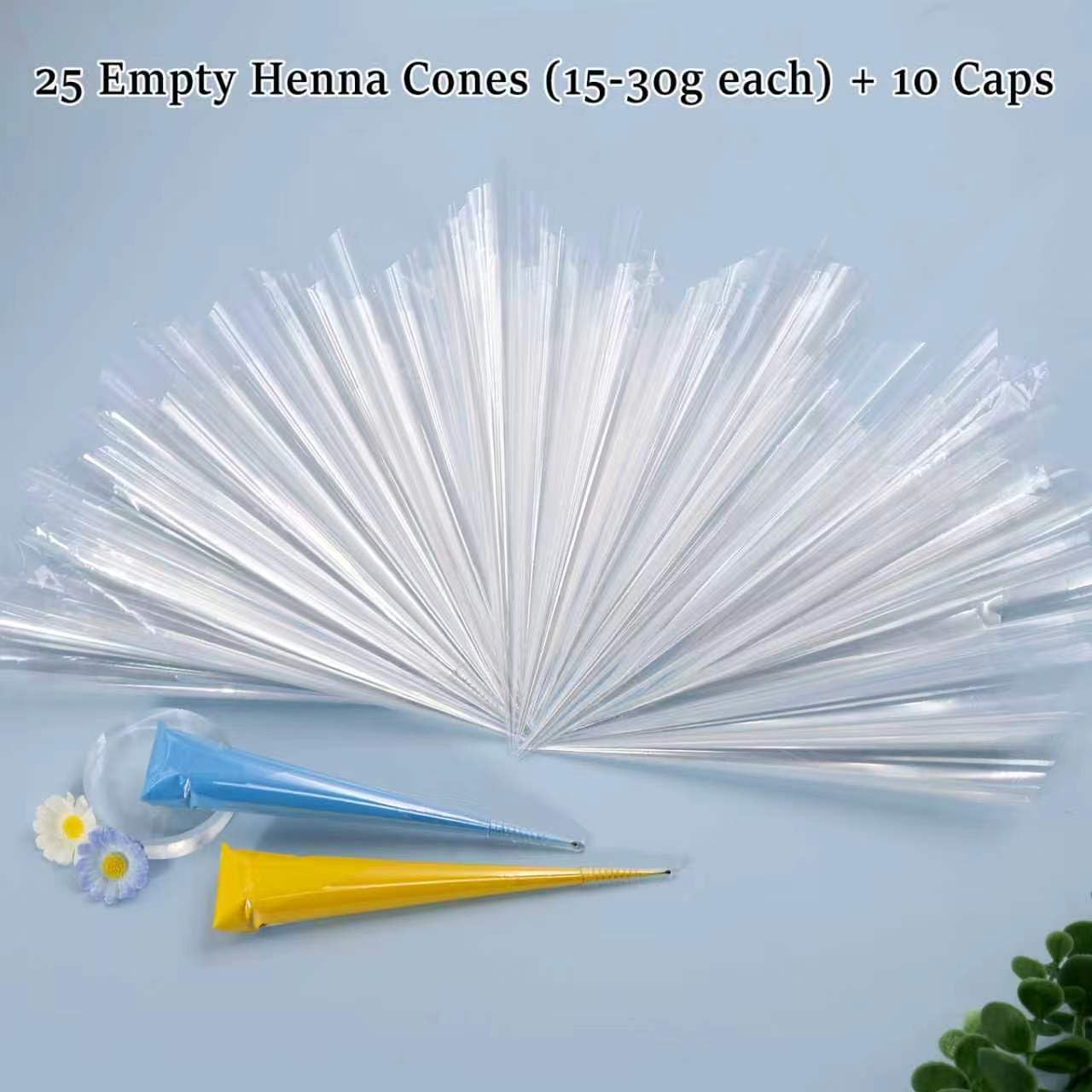 25Pcs Empty Henna Cones with 10 Caps|Precision 0.1mm Tip-Pre-Rolled Cellophane Applicator for Henna Paste, Jagua Gel, Icing Piping Bags, Fine Tip Paint Applicator -Mehendi Drawing|Beginners & Artists