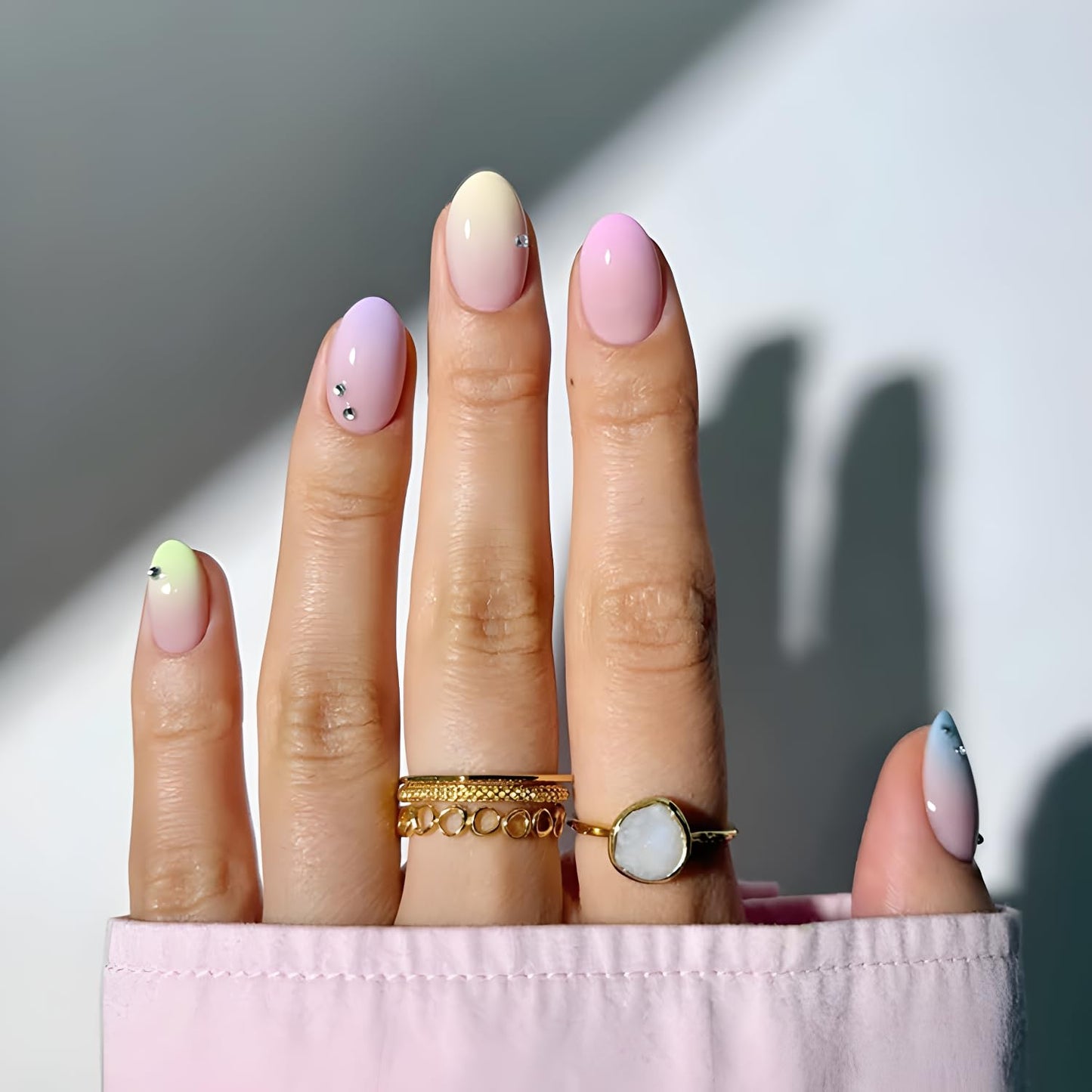 24Pcs Press on Nails Short Glossy Fake Nail Colorful False Nails Almond Stick on Nail Pink Yellow Purple Blue Glue on Nails with Rhinestones Design Gradient Nails Press Ons for Women and Girls