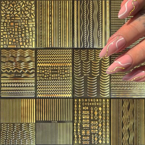 Gold Nail Stickers - 12 Sheets 3D Self-Adhesive Nail Decals