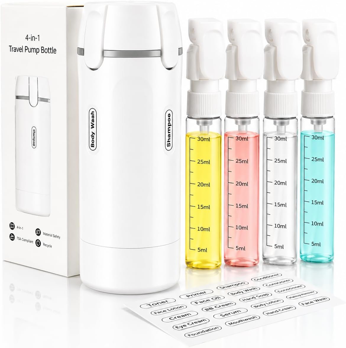 Travel Dispenser Bottle - 4 in 1 TSA Approved Leak Proof Toiletry Containers | Refillable for Shampoo, Conditioner, Lotion & Skincare