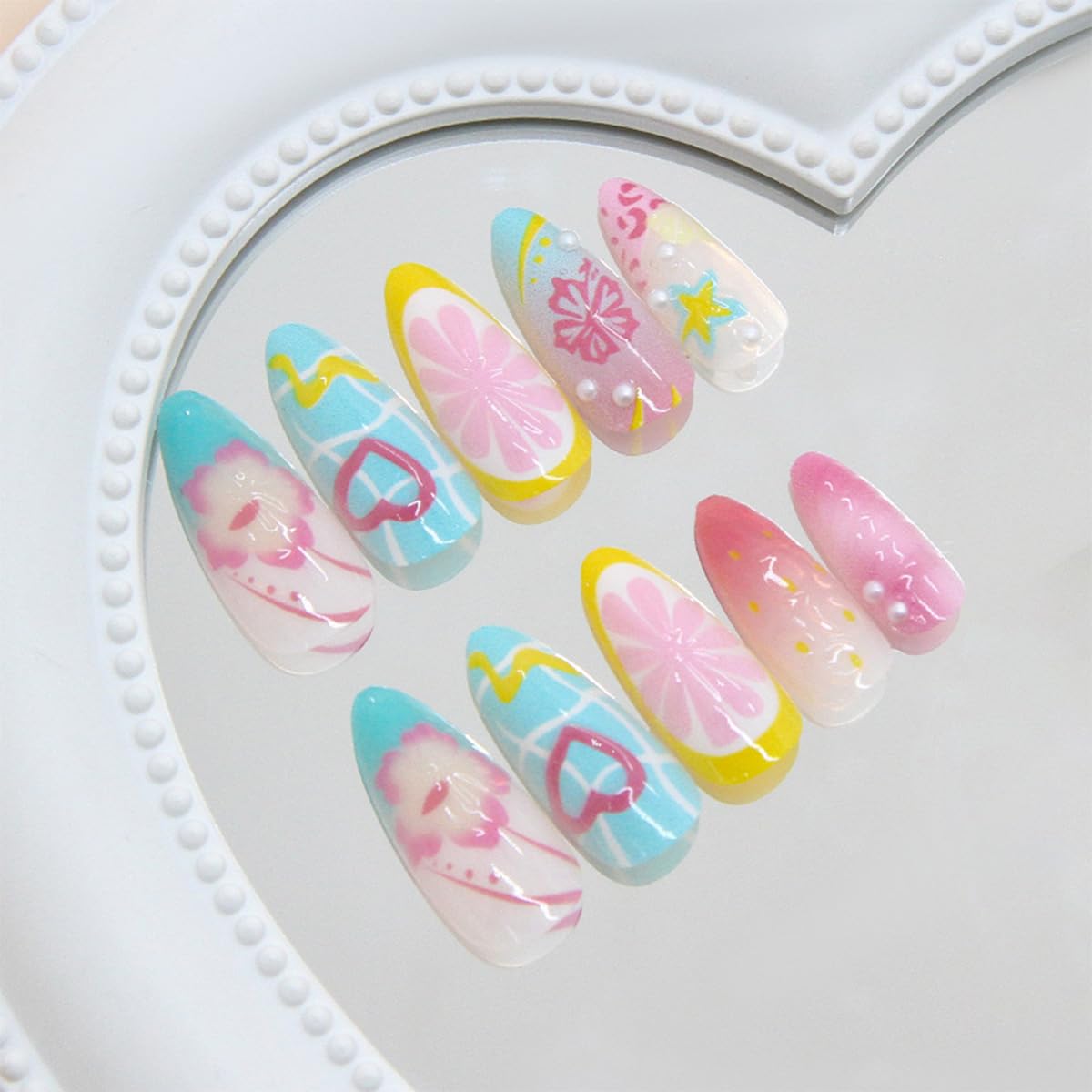 24Pcs Summer Press on Nails Medium Almond Fake Nails with 3D Tropical Fruit Flower Starfish Design Marine Ocean Beach False Nails Cute Glue on Nails for Women Acrylic Manicure Decoration Accessories