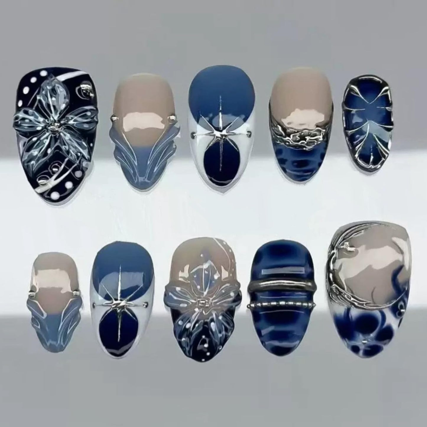 Almond Press On Nails - 30Pcs Medium Fake Nails with 3D Floral Art | Red French Gradient Acrylic for Women