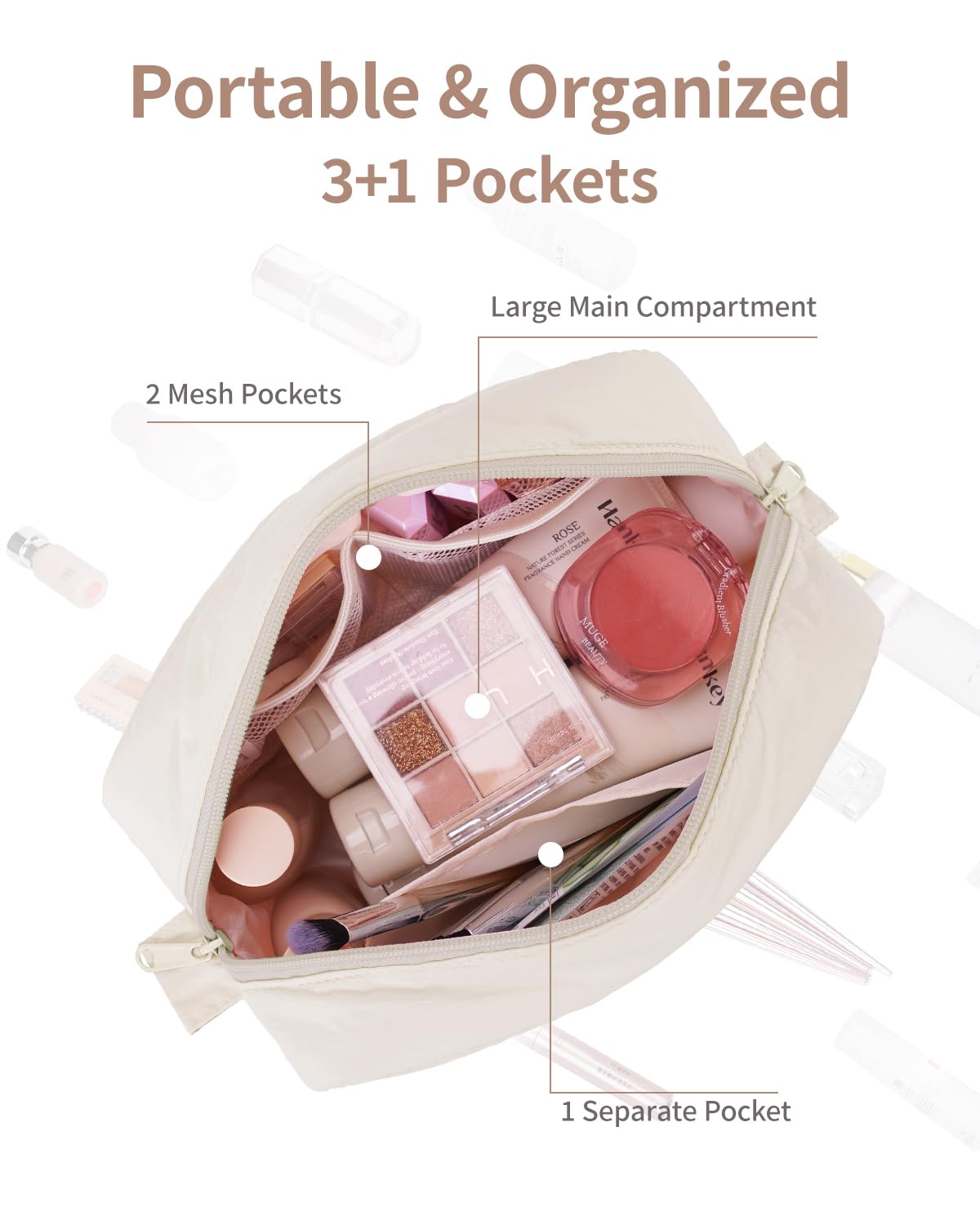 Narwey Puffy Makeup Bag for Travel Women Girl, Quilted Makeup Bag Cosmetic Bag, Cute Puffer Make up Organizer Bags, Travel Toiletry Bag Toiletries (Beige)
