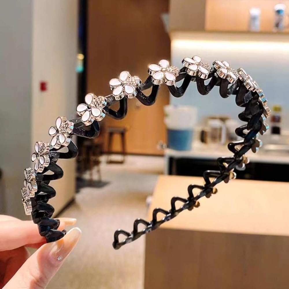 Women Wave Hair Hoops Braided Tools Rhinestone Flower With Toothed Headband Artifact for Tidying Broken Hair