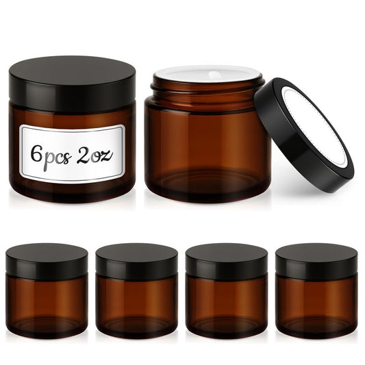 2 oz Glass Jars with Lids, 6 Pack Amber Glass Jars with Black Lids Leakproof Round Airtight Empty Cosmetic Travel Containers with Inner Liners For Lotions Powders and Candle Making