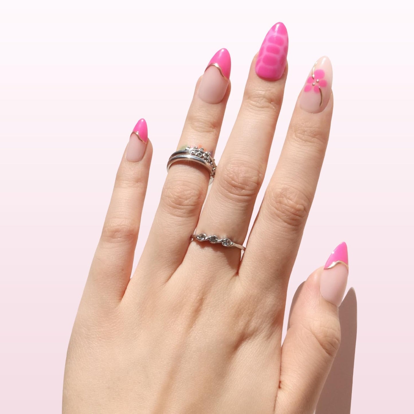 Press On Nails - 3D Floral Peony Pop Medium Almond Design | Reusable Stick-On Nails in 15 Sizes, Glossy Finish