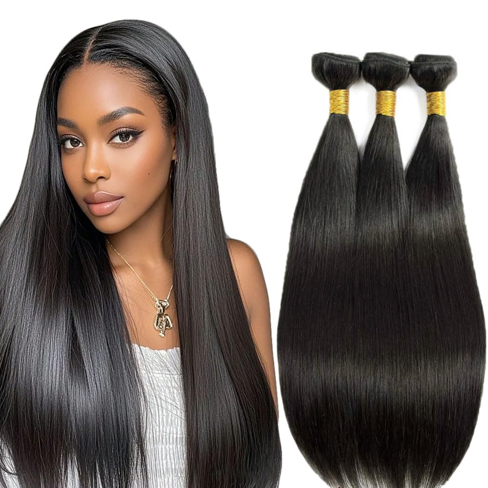 Straight Bundles Human Hair Bundles 20 22 24 Inch #1B Natural Black Color Straight 3 Bundle Unprocessed Brazilian Virgin Weave Hair Extensions 50 Gram Per Bundle for Black Women