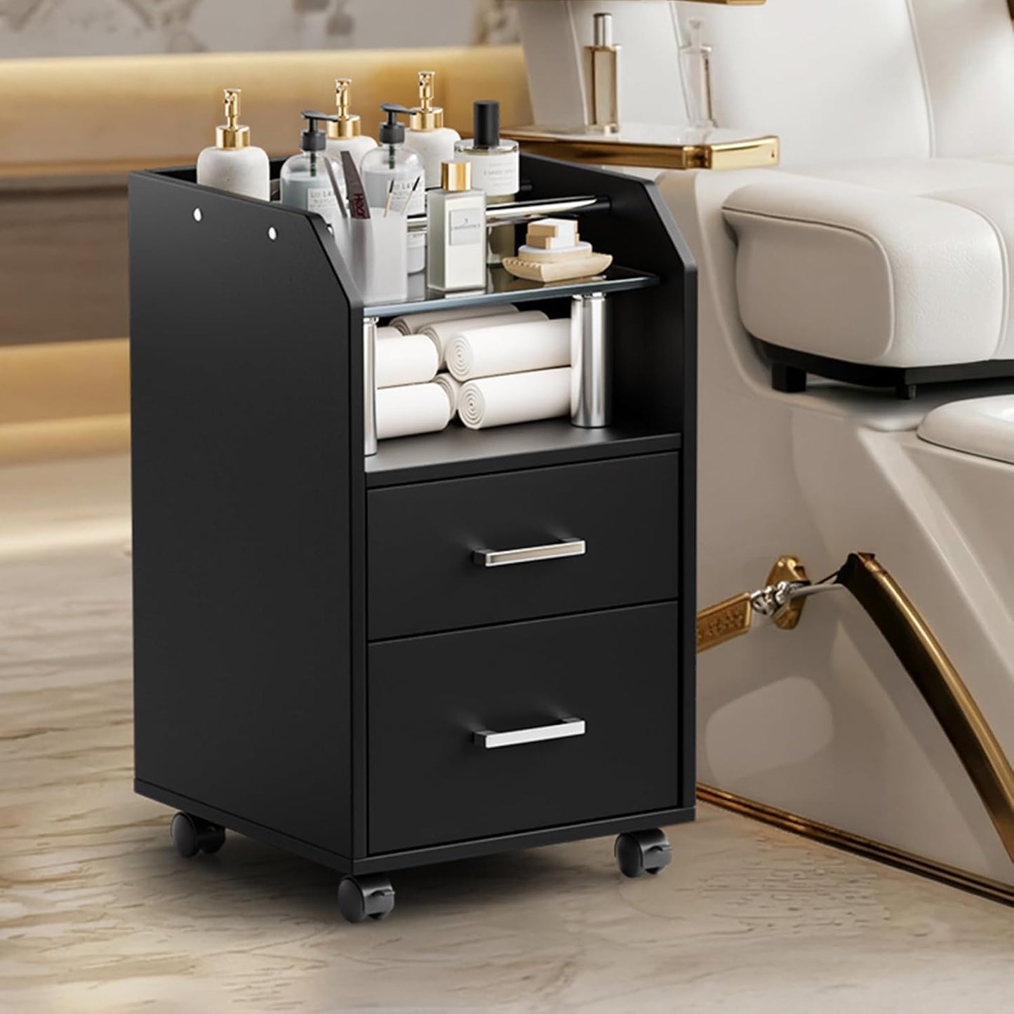 Pedicure Cart - Portable Foot Bath Trolley with Storage Drawer & Bottle Racks | Black Salon Station for Esthetician Manicure & Foot Massage
