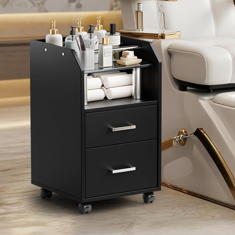 Pedicure Cart with Storage Drawer - Portable Black Salon Station for Estheticians | Foot Bath Trolley with Locking Wheels