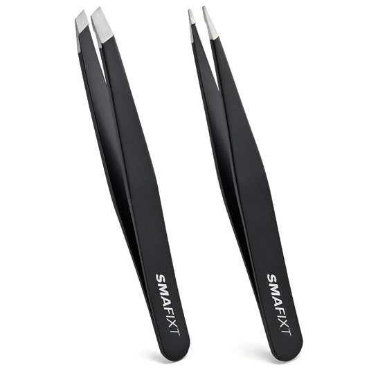 Smafixt Tweezers for Women and Men Facial hair, 2-Pack Slant and Point Precision Eyebrow Tweezers Set for Splinter and Ingrown Hair Removal