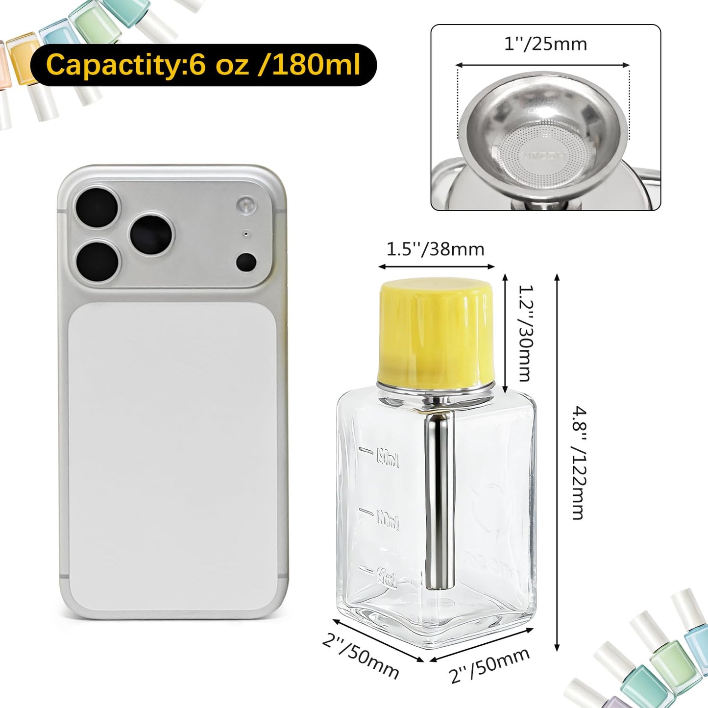 ffresiss 6oz / 180ml Glass Dispenser, Push Down Acetone Pump Alcohol Dispenser with Metal Cover, Nail Polish Remover Liquid Pump Square Bottle Hand Pumping Rubbing Press Container