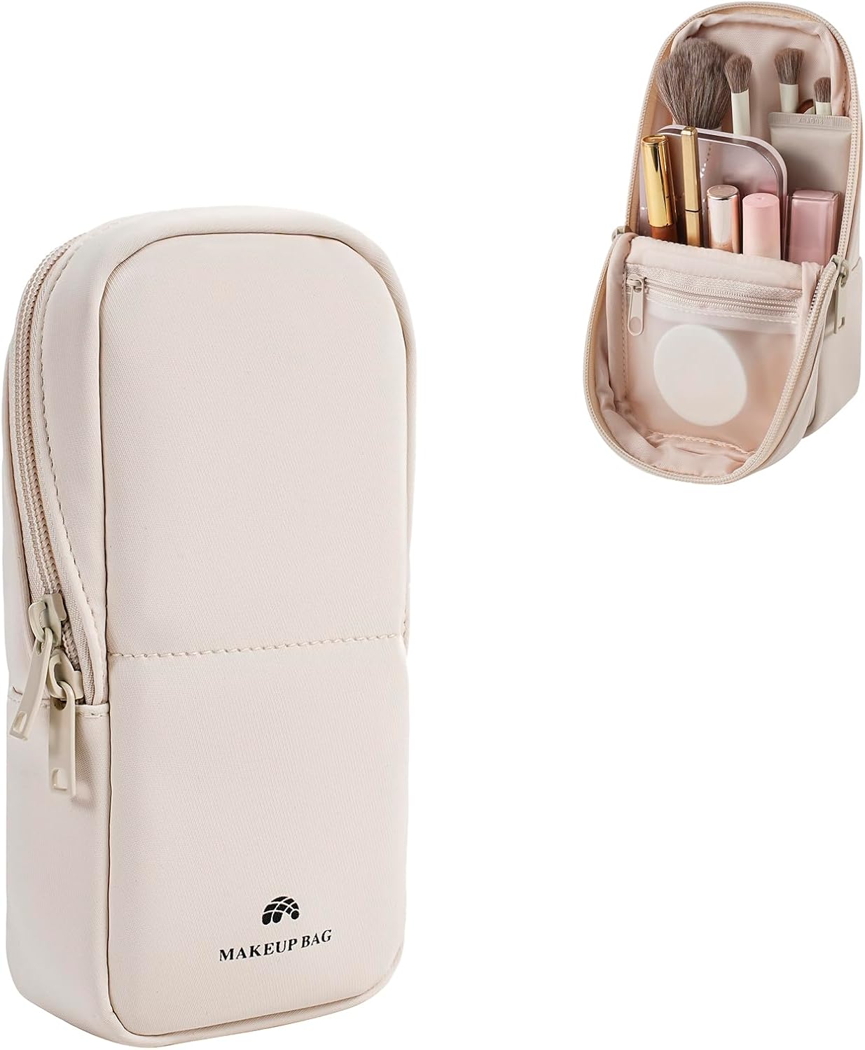 Travel Makeup Bag - Waterproof PU Leather Cosmetic Organizer with Compartments | Small Beige Brush Holder