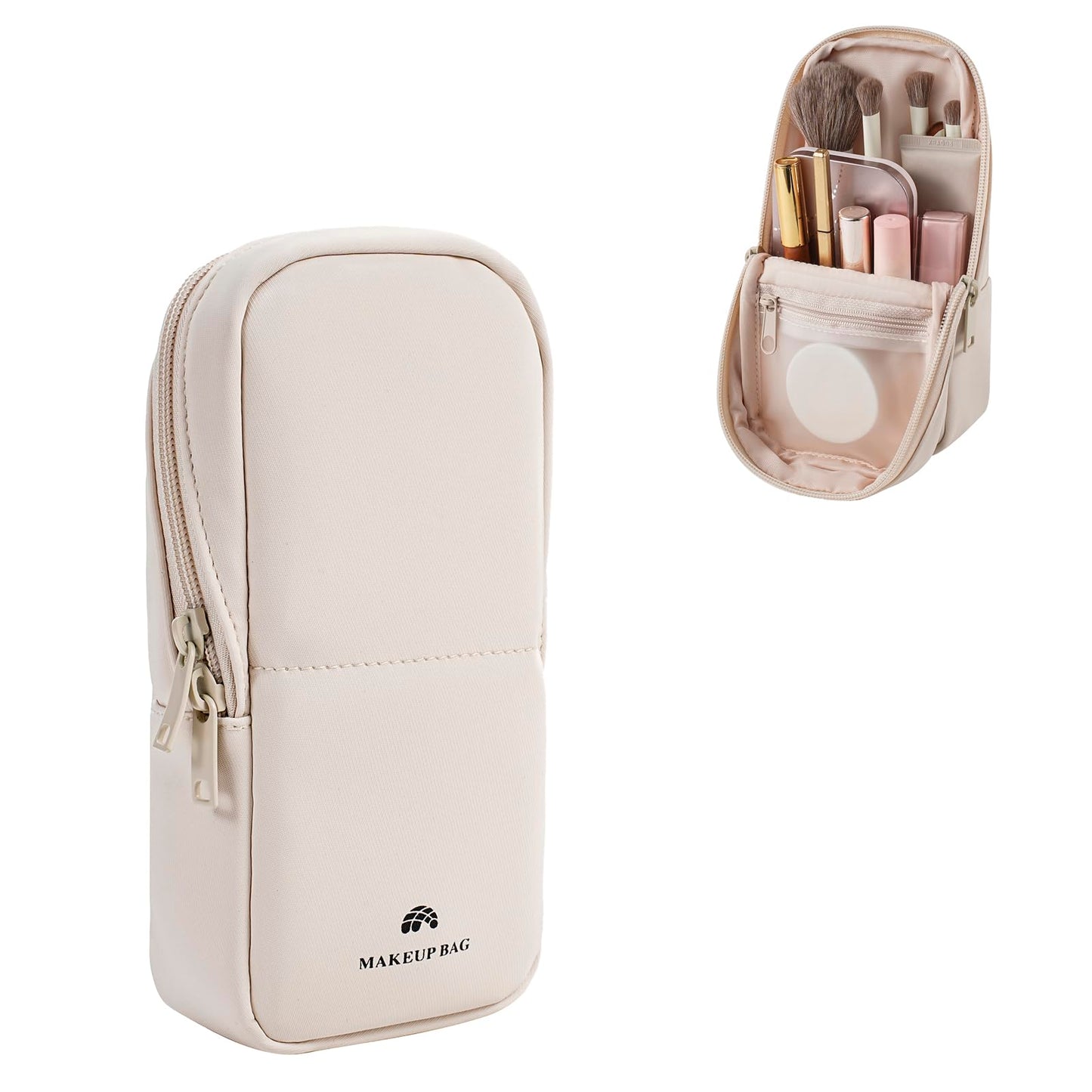 Lestikave Standing Travel Makeup Bag,Brush Holder, Small Waterproof PU LeatherMakeup Bag,Cosmetic Bag with Compartments,Portable Brush Storage Dustproof Bag Case(01Beige)