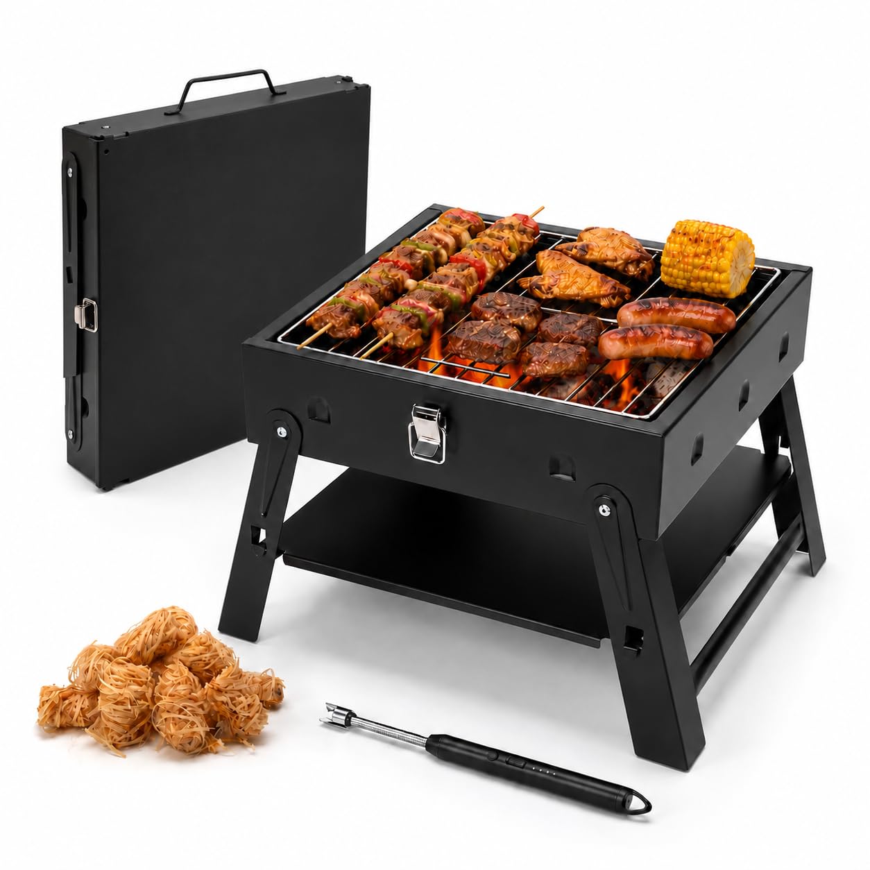 Small Portable BBQ Charcoal Grill: Mini Foldable Table Top Barbecue Grills with Fire Starter Kit for Outdoor Cooking, Fathers Day Birthday Grilling Gift for Men Dad Husband