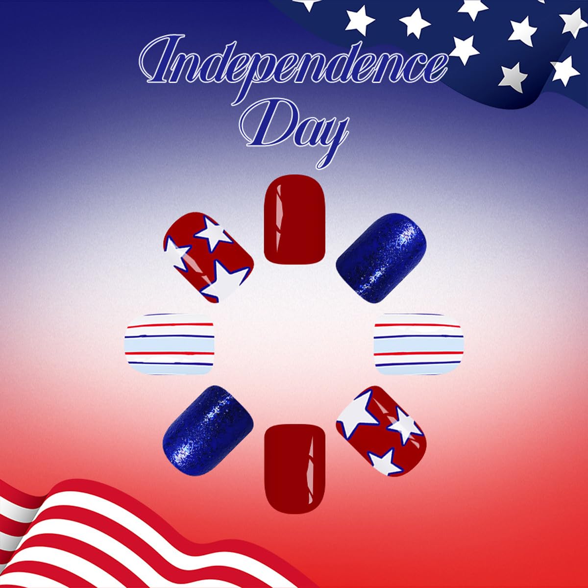 Patriotic 4th of July Press on Nails Short Square Fake Nails Red Blue Nails Press ons with Star & Stripe Design,Reusable Artificial Nails,24Pcs Nail Kit for Women Independence Day Manicure