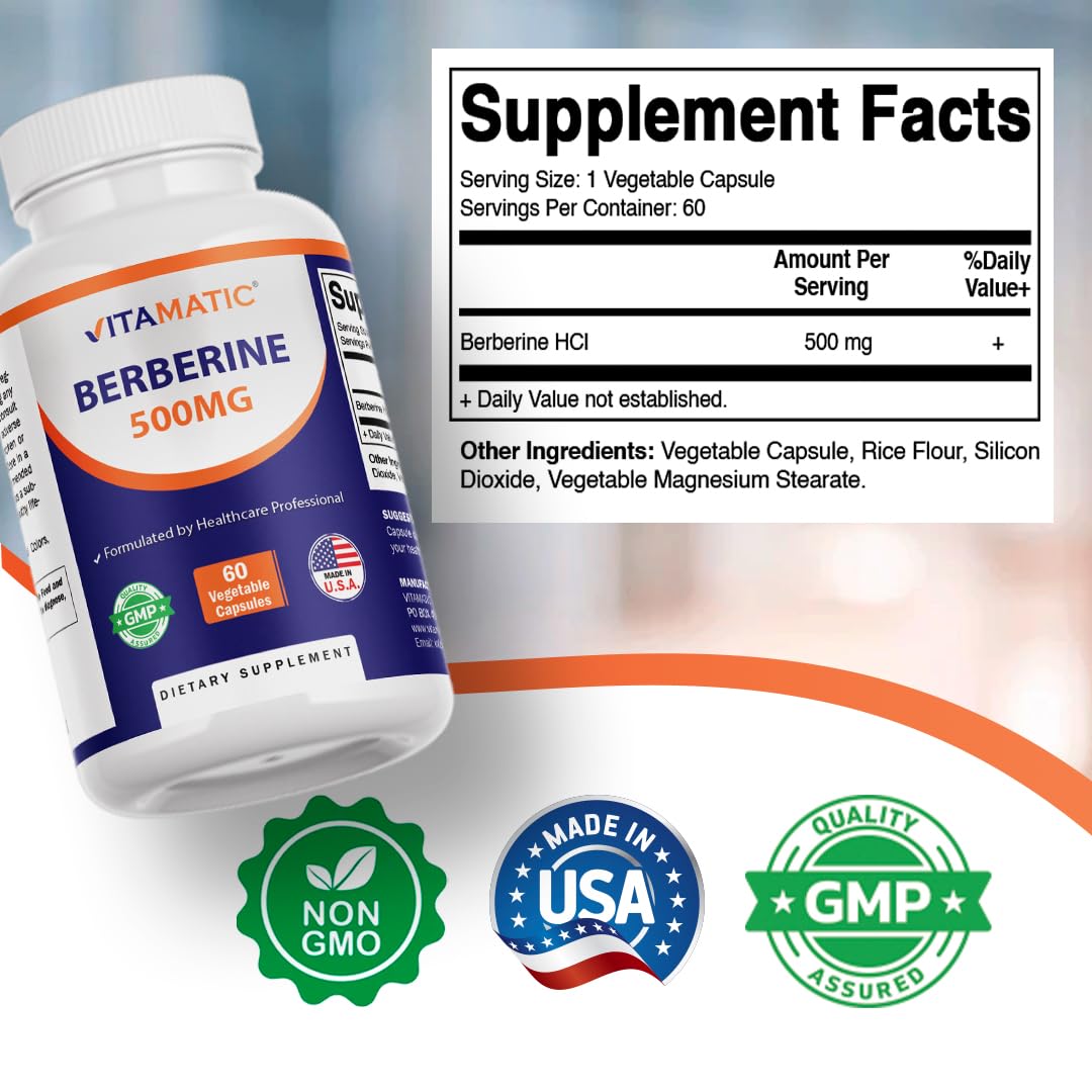 Vitamatic Berberine Supplement 500mg - 60 Vegetable Capsules - Made in the USA - Gluten Free - Non-GMO (3 Bottles)