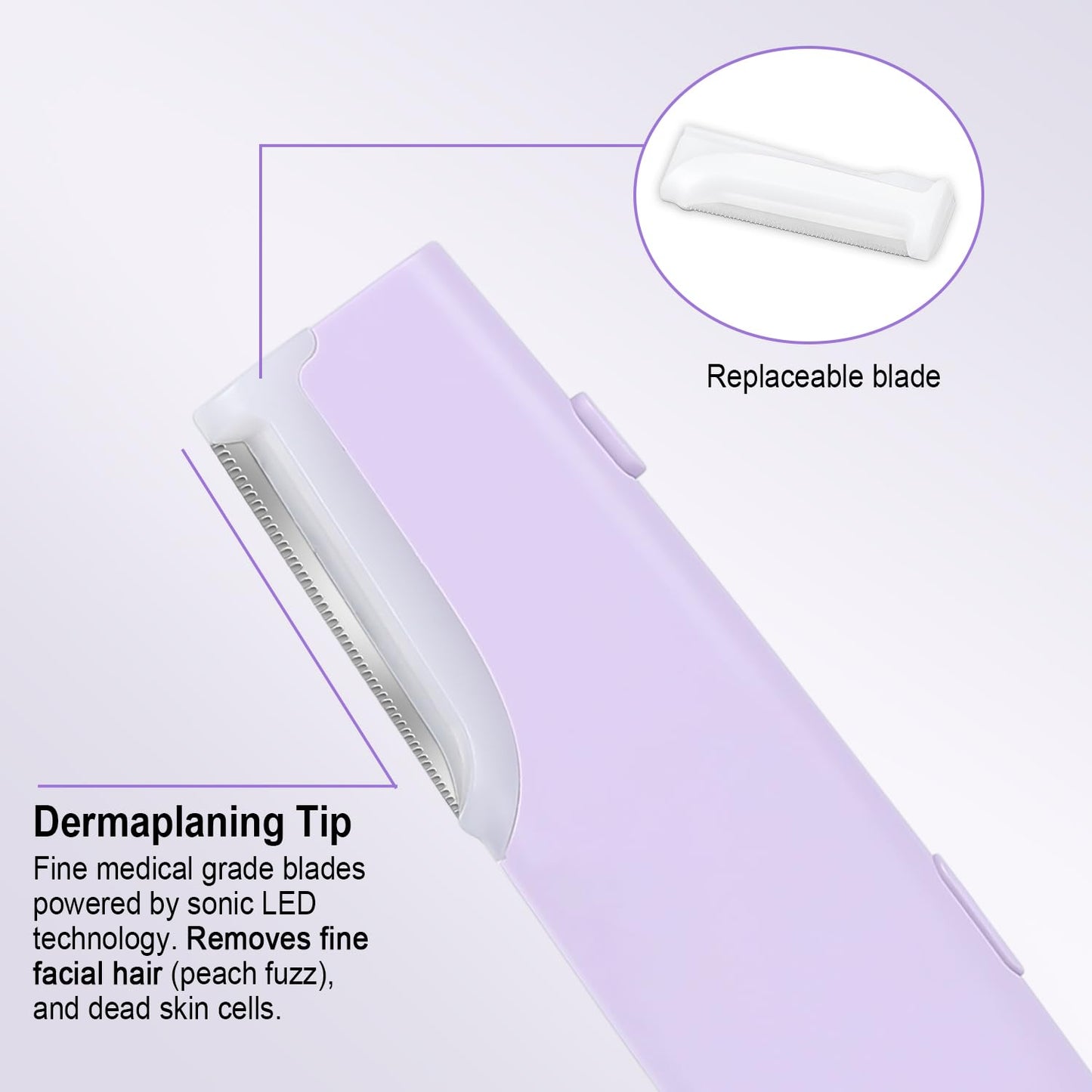 Anpor Rechargeable Sonic Dermaplane Razor for Women Face + Eyebrow trimmer Dermaplaning System with LED Light Peach Fuzz Remover, 3 Speeds - 8 Weeks of Dermaplaning Blades (Lavender)