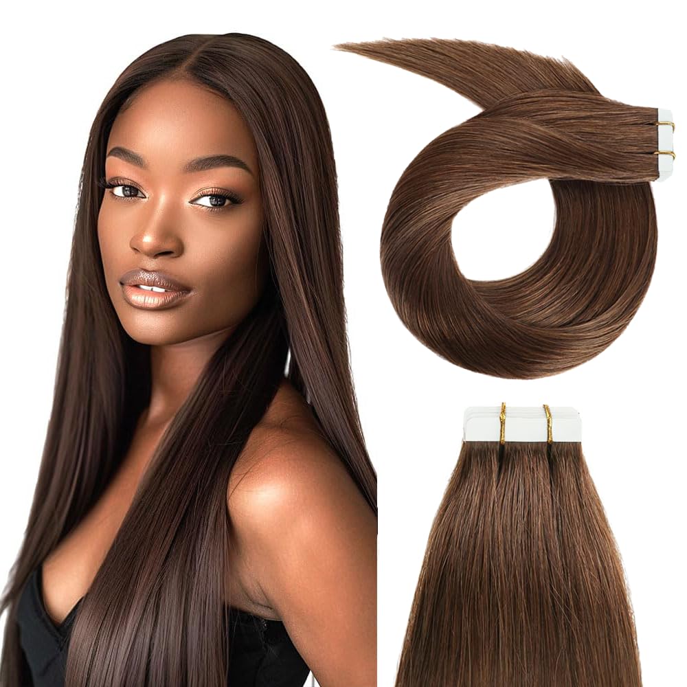 Brown Tape In Hair Extensions Human Hair Brown Tape In Human Hair Extensions Color 4 Bundles Seamless Silky Straight Skin Weft Bundles HuxoWax 18 Inch 20/Pcs Total 50g