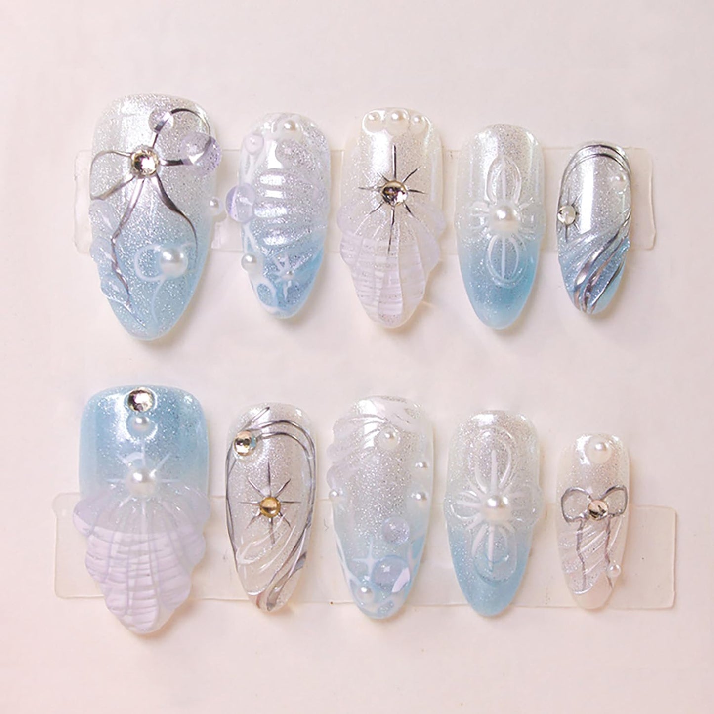 Flower Press-On Nails - 10 Pcs Short Almond Style with Gold Shell & Starfish Rhinestones | Reusable Cute Handmade Acrylic Nails for Women & Girls