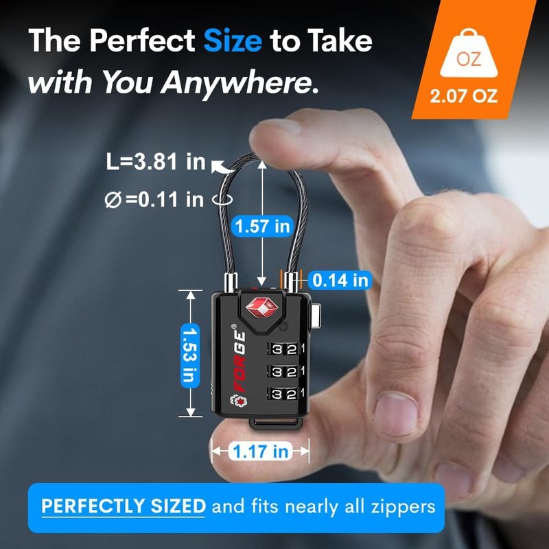 TSA Approved Cable Luggage Locks - Re-settable Combination Alloy Body | 2 Pack, Black