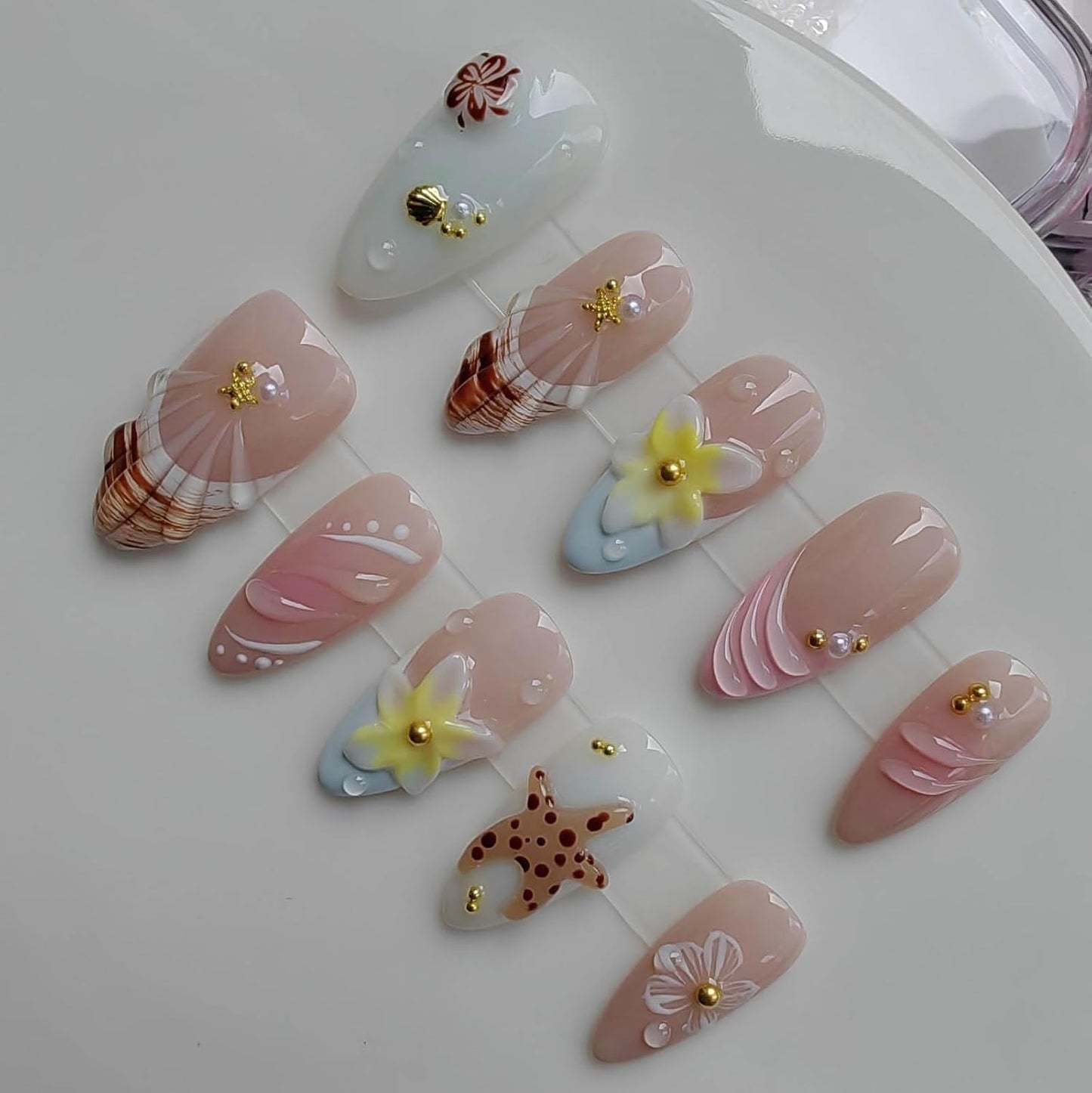 Press-On Almond Nails - Medium Nude Summer Design with Flowers & Starfish | 10pcs Set