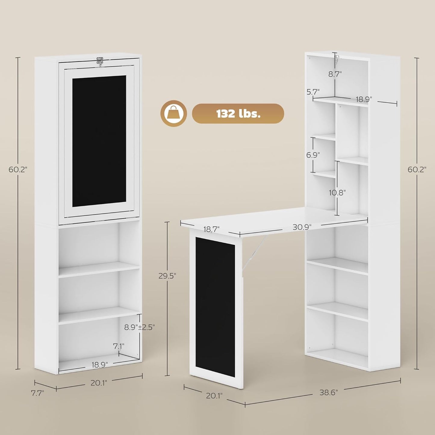 Convertible Writing Table - Foldable Wall-Mounted Computer Desk with Storage Shelves | Space-Saving Design for Small Spaces, White