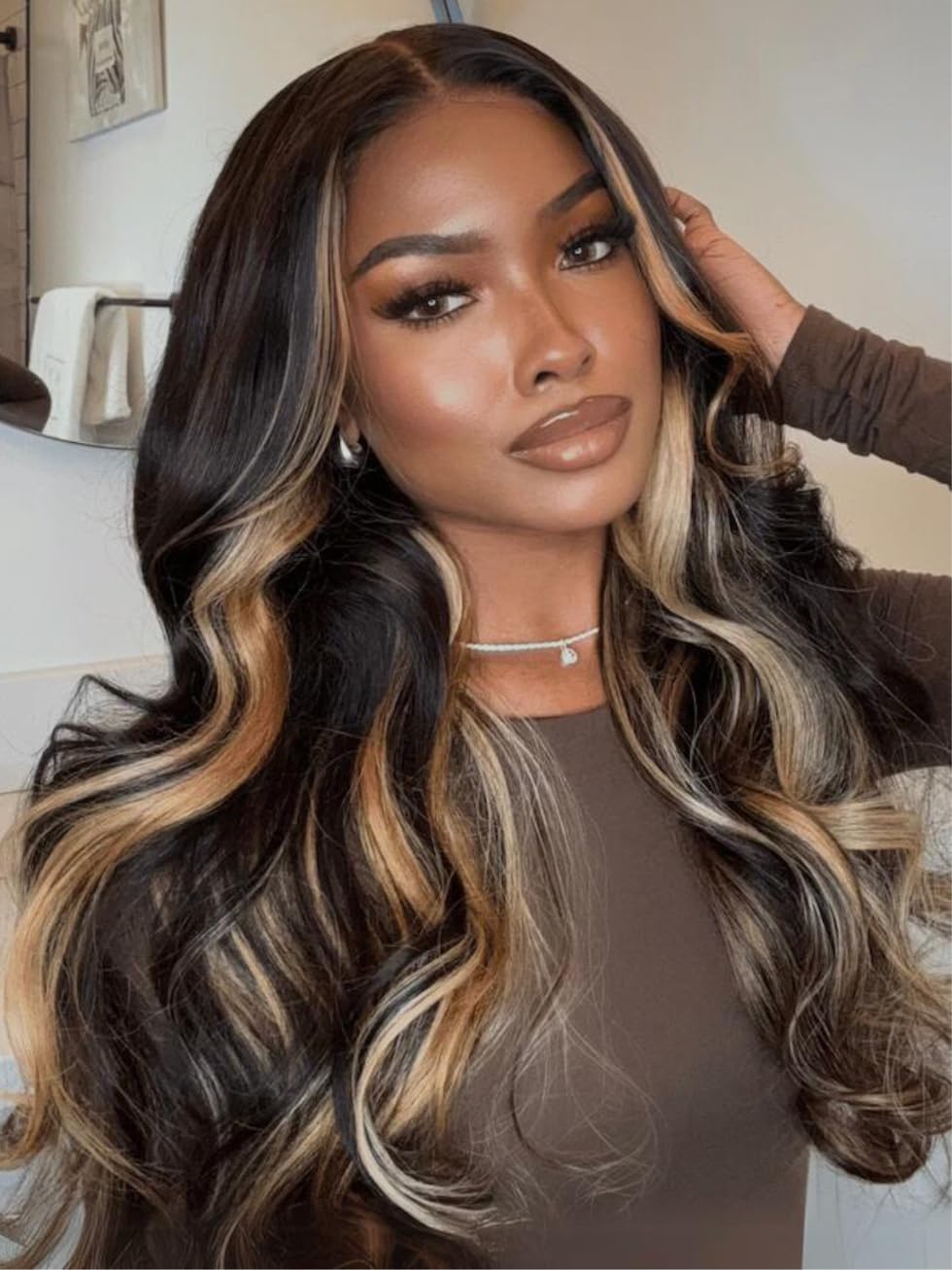 UNICE Bye Bye Knots Glueless Wig 7x5 Pre Cut Lace Front Wigs Butterscotch Highlights Brown Loose Wave Human Hair Put on and Go Wig Pre Plucked Bleached Invisible Knots 150% Density 22 Inch