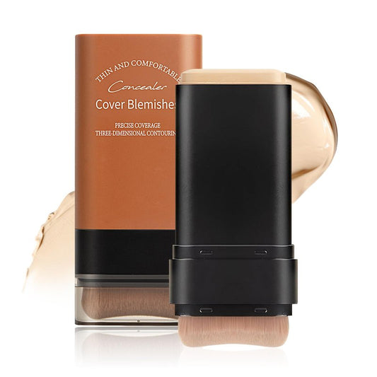 Full Coverage Foundation Stick with Contour Brush, Waterproof & Long-Lasting Foundation Makeup, Buildable Concealer Stick for All Skin Types, Lightweight Daily Natural Matte Finish for Beginners